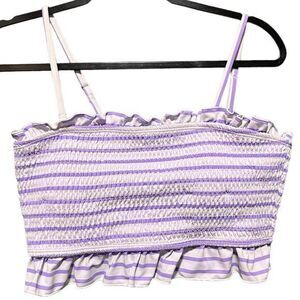 Smocked Ruffle Cropped Stretch Swim Top‎ Purple White Striped Size XL